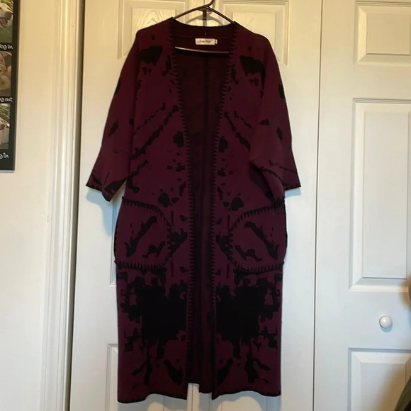 Simply couture sweater M/L cardigan coat front pocket 3/4 sleeves abstract print - Picture 3 of 11